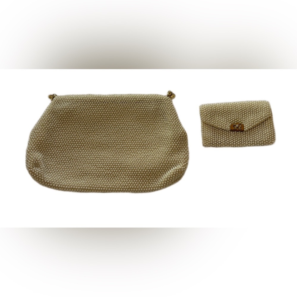 Vintage Lemured Petite Cream Clutch Beaded Bag And Mirror Purse